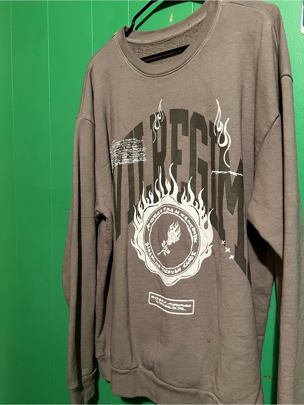 Civil Regime Grey crew neck with civil text and flaming rose design